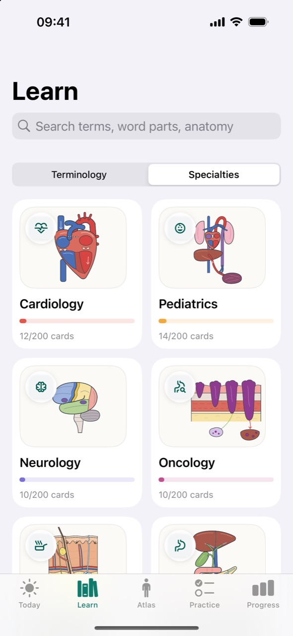Learn tab with the terminology course and specialty decks