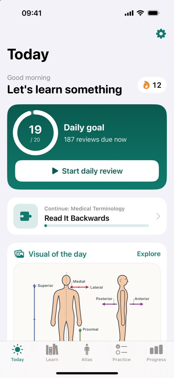 Today screen with daily goal, streak and visual of the day